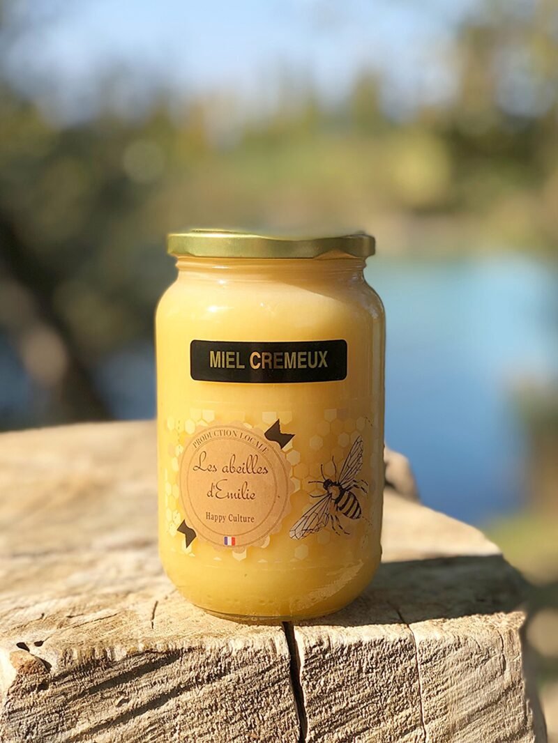 Pot de miel crémeux de lavande 500g artisanal des Abeilles d’Émilie, brassé lentement et produit localement en Occitanie.