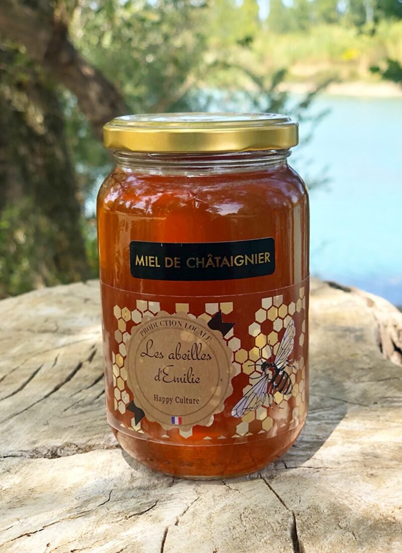 Pot de miel de châtaignier 500g des Cévennes artisanal Les abeilles d'Emilie posé sur une souche. Le pot transparent révèle la couleur ambrée du miel, l'étiquette mentionne "production locale" et met en avant la frabrication française et le savoir faire apicole