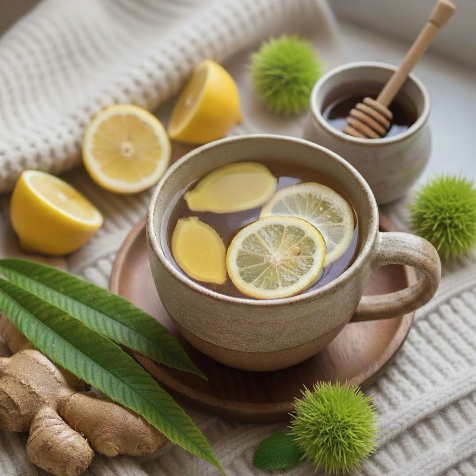 Photo de miel de châtaignier + gingembre + citron dans une tasse fumante, vue de dessus