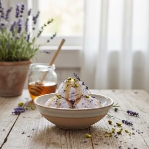 Glace au yaourt et miel de lavande dans un décor rustique