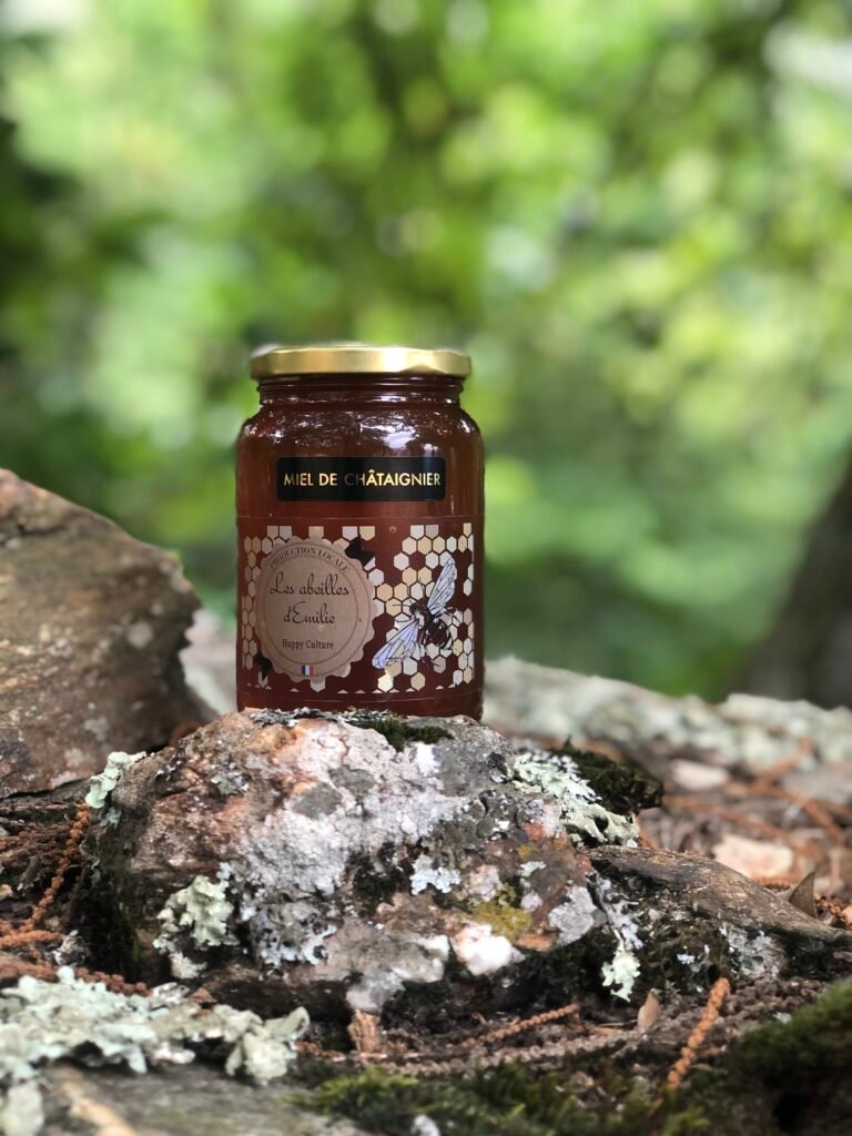 Pot de miel de châtaignier Les Abeilles d'Emilie sur rocher couvert de lichen