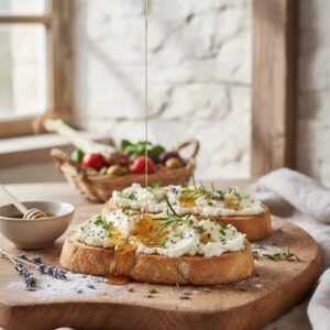 Tartines de pain au fromage frais, miel de lavande et herbes fraîches dans un décor rustique et provençal