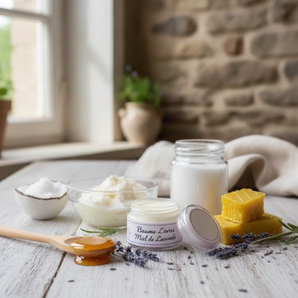recette beauté maison: baume à lèvre au miel de lavande, karité, coco, cire d'abeilles