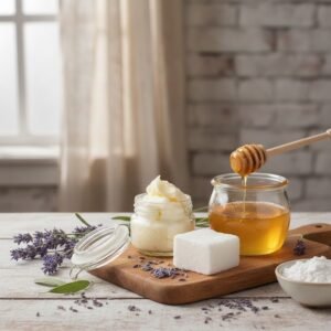 ingrédients pour les recettes beauté maison au miel de lavande, karité, coco, dans un décor rustique