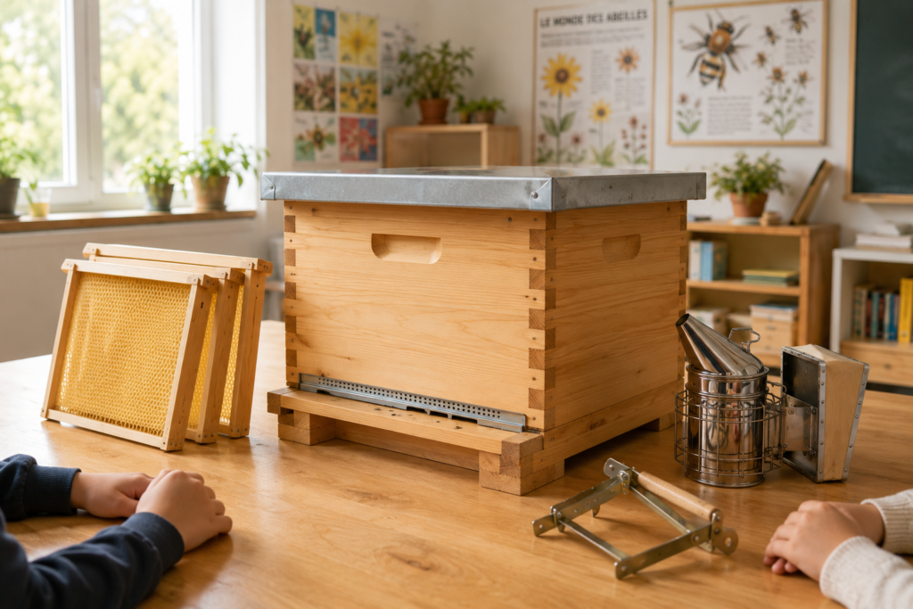Interventions en milieu scolaire - ruche et outils d'apiculture, cadre de ruche dans une salle de classe