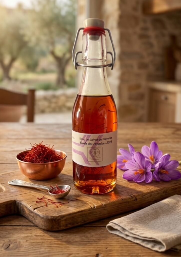 Sirop de safran artisanal - Les Abeilles d'Emilie dans un decor rustique