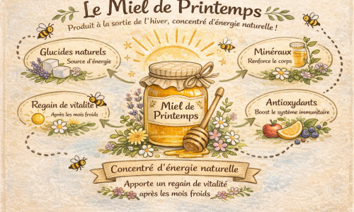 schéma illustrant les bienfaits du miel de printemps à la sortie de l'hiver