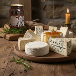 plateau de fromages avec un pot de miel de châtaignier Les abeilles d'Emilie dans un décor rustique de bois et de pierre