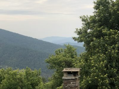 Toit de maison cévenole avec paysage orné de châtaigniers des Cévennes